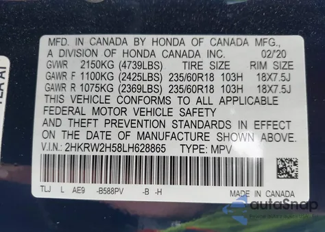 2020 Honda Cr-V Awd Ex из США, поврежденный, VIN 2HKRW2H58LH628865